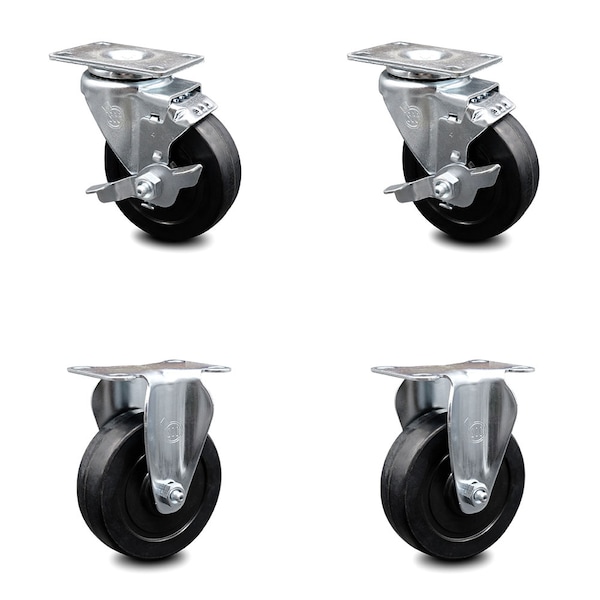 4 Inch Soft Rubber Wheel Swivel Top Plate Caster Set with 2 Brake 2 Rigid SCC
